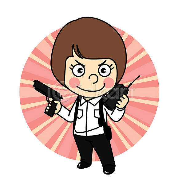 어린이 여자 한명 AI(파일형식) 일러스트 경호원 권총 무전기 직업체험 직업캐릭터 캐릭터