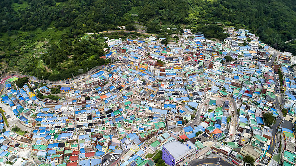 사람없음 JPG 포토 하이앵글 항공촬영 감천문화마을 건물 마을 부산 산 알록달록 야외 오색 주간 주택 지붕 컬러풀 풍경(경치) 한국