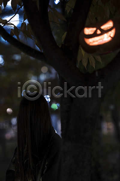 성인 여자 한명 JPG 아웃포커스 앞모습 포토 공포 나무 상반신 서기 야간 야외 잭오랜턴 할로윈