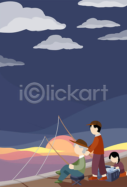 남자 노년 성인 세명 어린이 여자 PSD 일러스트 가을(계절) 가족 구름(자연) 낚시 바다 얼굴없음 전신 태양 하늘