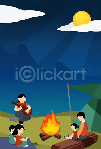남자 성인 어린이 여러명 여자 PSD 일러스트 가족 구름(자연) 기타 달 모닥불 밤하늘 야간 얼굴없음 전신 캠핑 텐트