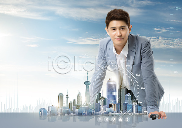 20대 남자 성인 한국인 한명 PSD 편집이미지 구름(자연) 비즈니스 비즈니스맨 빌딩 상반신 하늘