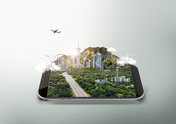 사람없음 PSD 편집이미지 구름(자연) 도로 비행기 빌딩 산 숲 스마트폰 여행