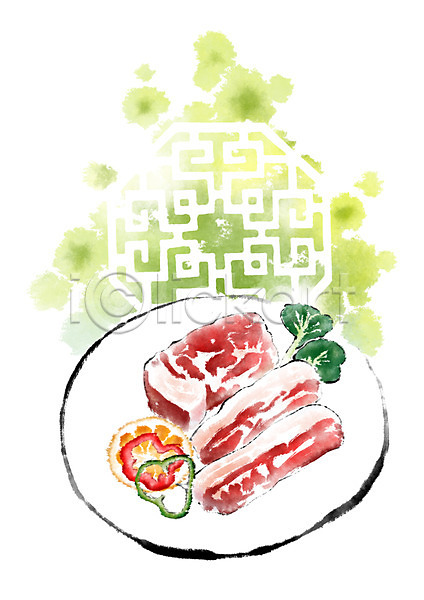 사람없음 PSD 일러스트 돼지고기 삼겹살 음식 전통문양 전통음식 접시 청경채 캘리그라피 피망 한국전통 한식