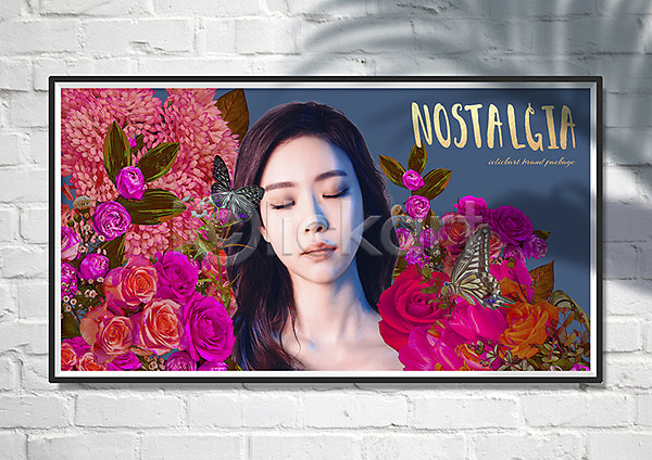 20대 성인 성인여자한명만 여자 한국인 한명 PSD 앞모습 일러스트 광고판 꽃 눈감음 목업 벽돌 브랜딩 상반신 액자 패키지