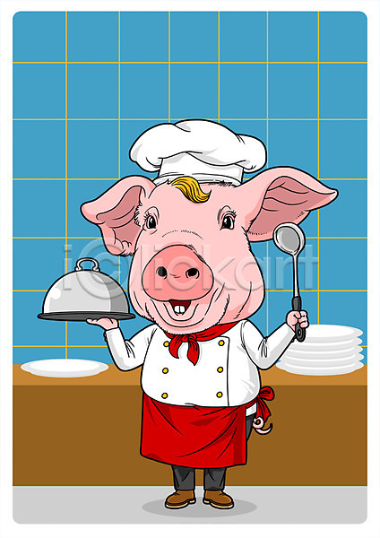 사람없음 PSD 일러스트 국자 동물 동물캐릭터 돼지 요리 요리사 의인화 접시 직업 직업체험 한마리