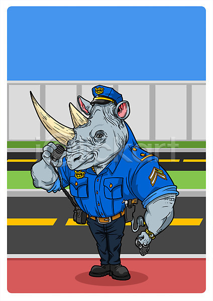 사람없음 PSD 일러스트 경찰 도로 동물 동물캐릭터 무전기 의인화 직업 직업체험 코뿔소 한마리