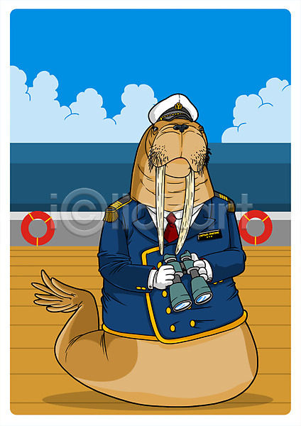 사람없음 PSD 일러스트 동물 동물캐릭터 물개 바다 배(교통) 쌍안경 의인화 직업 직업체험 한마리 해군 해군복