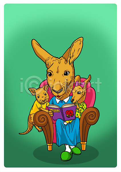 사람없음 PSD 일러스트 가족 독서 동물 동물캐릭터 동화책(책) 세마리 아기캥거루 의인화 의자 직업 직업체험 책 캥거루