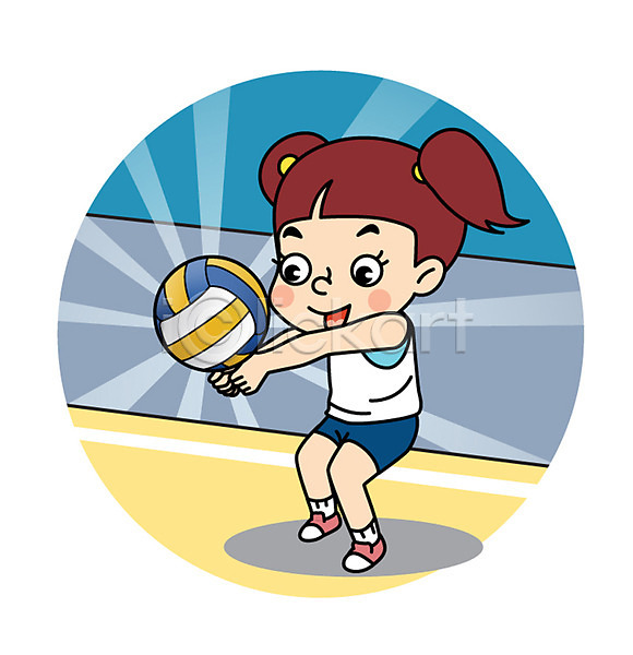 어린이 여자 한명 AI(파일형식) 일러스트 리시브 배구 배구공 스포츠 전신 캐릭터