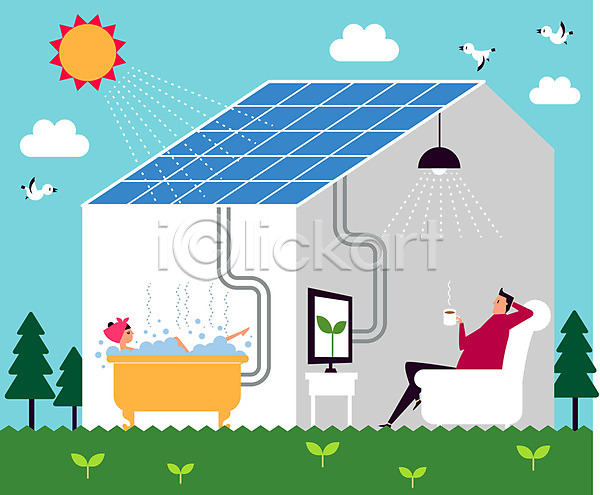 남자 두명 성인 여자 AI(파일형식) 일러스트 그린슈머 그린에너지 나무 새싹 에코 재생에너지 전신 주택 지구 집열판 친환경 태양 태양에너지 환경