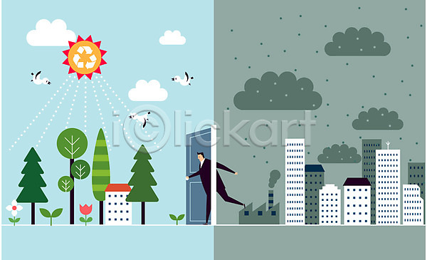 비교 환경오염 남자 성인 한명 AI(파일형식) 일러스트 건물 구름(자연) 그린슈머 그린에너지 나무 문 빌딩 에코 오염 재생에너지 재활용 전신 지구 친환경 태양 태양에너지 환경