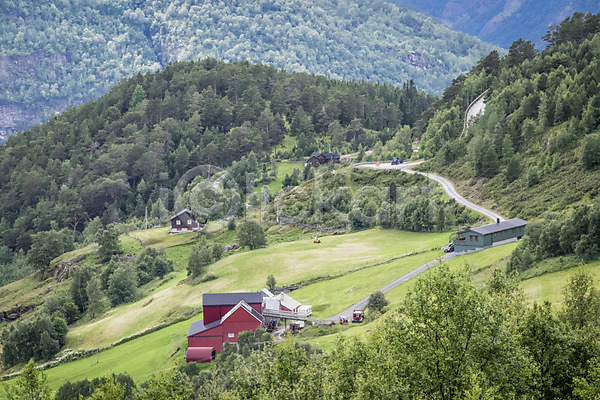 사람없음 JPG 포토 나무 노르웨이 도로 산 야외 언덕 유럽 유럽풍경 자연 주간 주택 초원(자연) 풍경(경치) 해외풍경