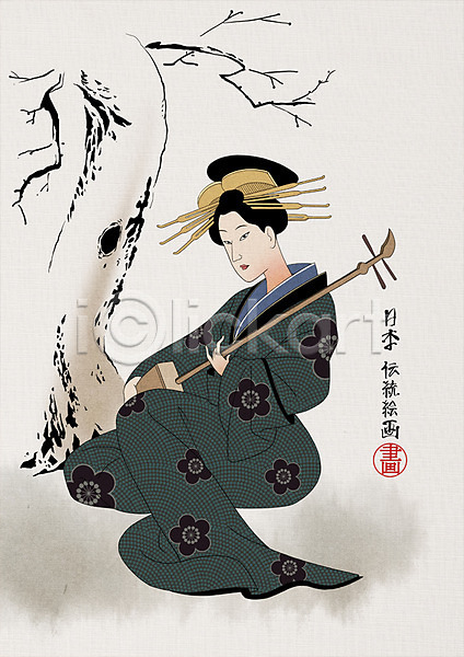 성인 여자 한명 PSD 일러스트 게이샤 나무 악기 일본 일본전통