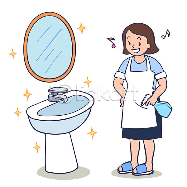 깨끗함 성인 여자 한명 AI(파일형식) 일러스트 거울 세면대 안티케미컬 전신 주부 천연세제 청소 화장실