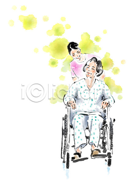 노년 두명 성인 여자 PSD 일러스트 간호사 건강 앉기 의학 캘리그라피 환자 휠체어
