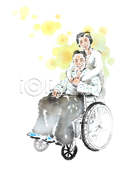 남자 노년 두명 성인 여자 PSD 일러스트 건강 노부부 앉기 의학 캘리그라피 환자 휠체어