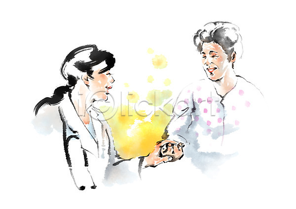노년 두명 성인 여자 PSD 일러스트 건강 상반신 손잡기 웃음 의사 의학 캘리그라피 환자