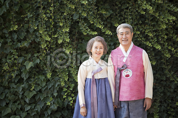 60대 남자 노년 노인만 두명 성인 여자 한국인 JPG 앞모습 포토 가족 나무 노부부 명절 미소(표정) 부부 상반신 서기 손잡기 안면도 야외 주간 한국 한복