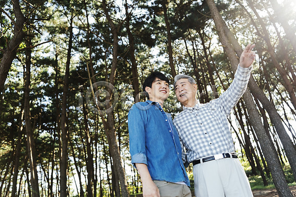 산책 40대 60대 남자 남자만 두명 성인 한국인 JPG 로우앵글 아웃포커스 앞모습 옆모습 포토 가리킴 가족 가족라이프 나무 미소(표정) 부자(아빠와아들) 상반신 서기 손짓 숲 아들 아빠 안면도 야외 응시 주간 한국
