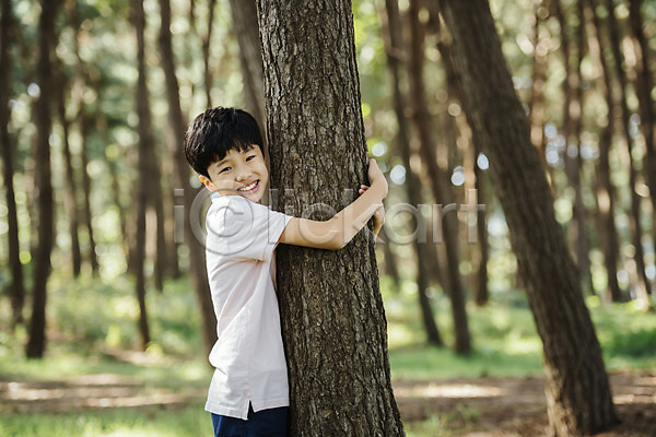 10대 남자 소년 소년한명만 어린이 한국인 한명 JPG 아웃포커스 옆모습 포토 나무 상반신 서기 숲 안기 안면도 야외 웃음 주간 한국