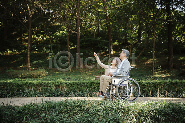 산책 60대 남자 노년 노인만 두명 여자 한국인 JPG 옆모습 포토 가리킴 가족 가족라이프 공원 나무 노부부 미소(표정) 부부 부부라이프 상반신 숲 안면도 앉기 야외 응시 전신 주간 한국 휠체어