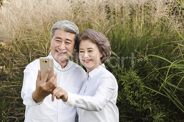 60대 남자 노년 노인만 두명 여자 한국인 JPG 아웃포커스 앞모습 포토 가족 가족라이프 갈대(식물) 갈대숲 공원 노부부 들기 부부 부부라이프 상반신 서기 셀프카메라 스마트폰 안면도 야외 웃음 주간 한국 화상통화