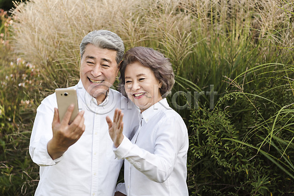 60대 남자 노년 노인만 두명 여자 한국인 JPG 아웃포커스 앞모습 포토 가족 가족라이프 갈대(식물) 갈대숲 공원 노부부 들기 부부 부부라이프 상반신 서기 셀프카메라 스마트폰 안면도 야외 웃음 주간 한국 화상통화