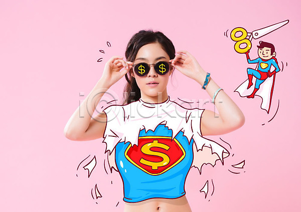 20대 남자 두명 여자 한국인 AI(파일형식) 포토일러 가위(도구) 달러 상반신 선글라스 슈퍼맨 슈퍼우먼 찢어짐