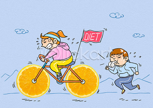남자 두명 여자 AI(파일형식) 포토일러 깃발 다이어트 달리기 비만 사이클링 오렌지 운동 음식 자전거 트레이너 호루라기