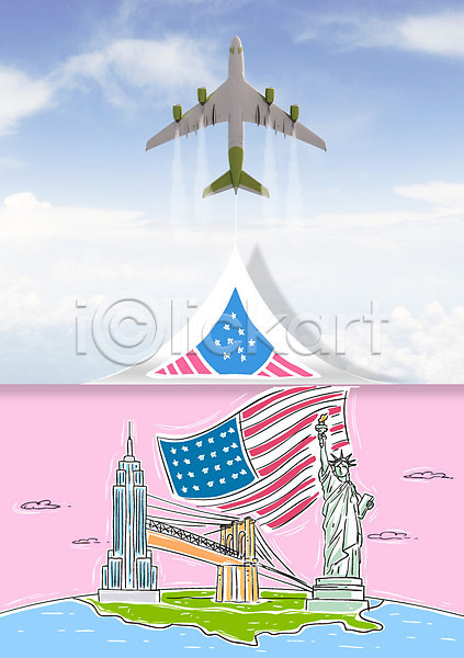 사람없음 AI(파일형식) 포토일러 구름(자연) 금문교 미국 미국여행 비행기 성조기 엠파이어스테이트빌딩 자유의여신상 하늘