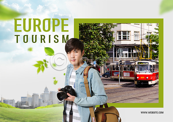 20대 남자 한국인 한명 PSD 편집이미지 구름(자연) 나뭇잎 빌딩 상반신 안식처 유럽 유럽여행(여행) 카메라 트램 하늘