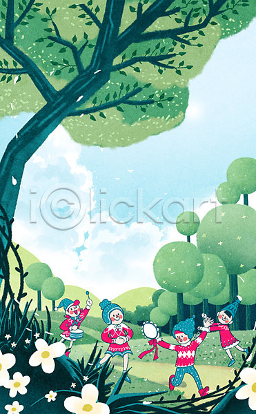 상상 어린이 여러명 PSD 상상일러스트 일러스트 거울 꽃 나무 난쟁이 동심 숲속 연주 요정 자연 풍경(경치) 하늘