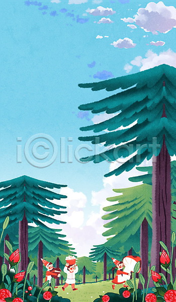 상상 세명 어린이 PSD 상상일러스트 일러스트 구름(자연) 나무 난쟁이 동심 버섯 숲속 요정 자연 장미 풍경(경치) 하늘