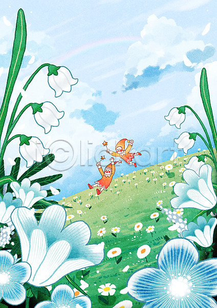 상상 즐거움 두명 어린이 PSD 상상일러스트 일러스트 꽃 난쟁이 동산 동심 요정 자연 초원(자연) 풍경(경치) 하늘