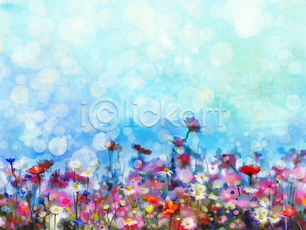 사람없음 JPG 포토 해외이미지 그림 꽃 꽃밭 미술 백그라운드 손그림 수채화(물감) 하늘색 해외202004
