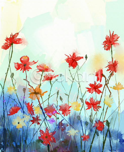 사람없음 JPG 포토 해외이미지 그림 꽃 미술 손그림 수채화(물감) 여러송이 해외202004