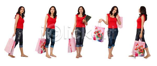 기쁨 축하 행복 휴식 여자 한명 JPG 포토 해외이미지 가방 걷기 구매 선물 쇼핑 신체 유행 청바지 컬러풀 해외202004 해외포토