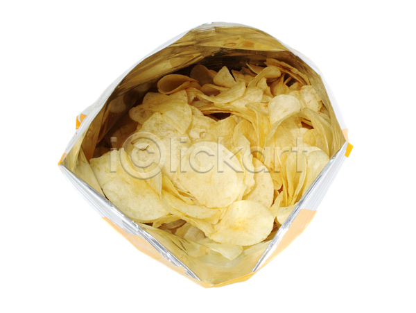 사람없음 JPG 포토 하이앵글 해외이미지 감자칩 과자 담기 봉투 실내 오픈 짠맛 해외202004 흰배경
