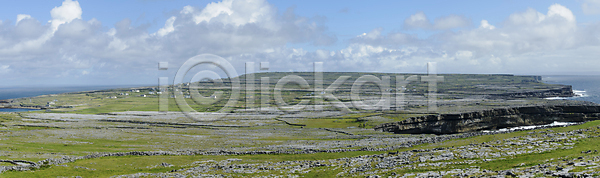 사람없음 JPG 포토 해외이미지 경사 내추럴 대서양 땅 만 물 바다 바위 석회암 섬 아일랜드 야외 유럽 자연 초록색 파노라마 파란색 풍경(경치) 해외202004
