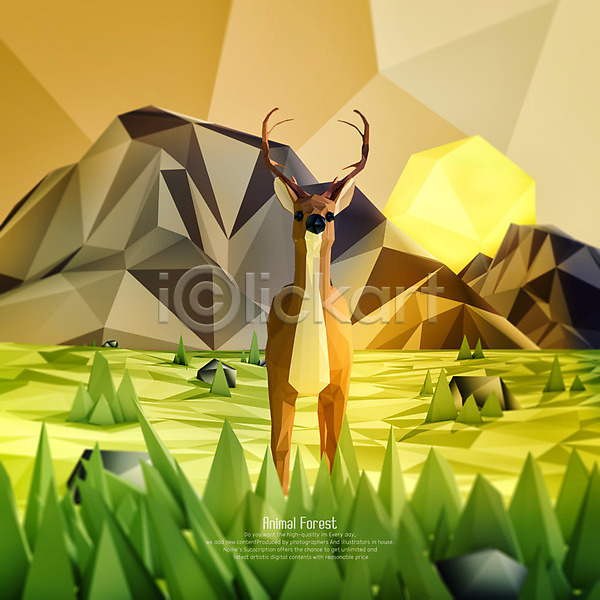 사람없음 3D PSD 디지털합성 편집이미지 3D캐릭터 노을 돌 동물 사슴 언덕 잔디 태양 폴리곤 한마리