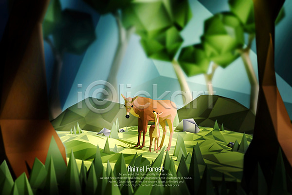 사람없음 3D PSD 디지털합성 편집이미지 3D캐릭터 나무 노루 동물 두마리 사슴 숲 아기사슴 잔디 폴리곤
