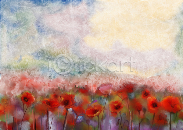 사람없음 JPG 포토 해외이미지 그림 꽃 꽃밭 미술 번짐 빨간색 손그림 수채화(물감) 해외202004