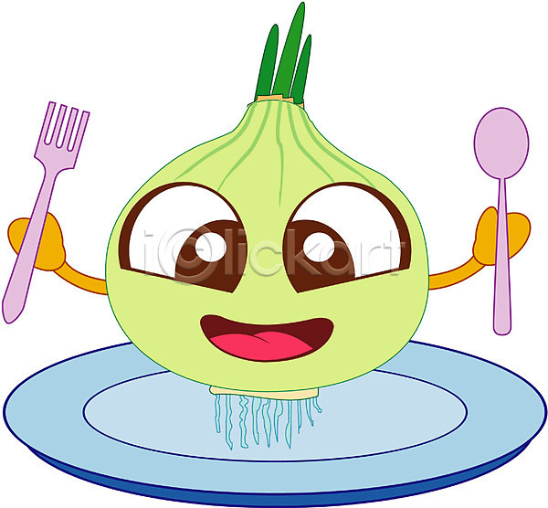 사람없음 EPS 일러스트 그릇 미소(표정) 수저 숟가락 식물 식재료 양파 웃음 음식캐릭터 접시 채소 채소캐릭터 캐릭터 클립아트 포크