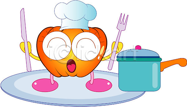 사람없음 EPS 일러스트 그릇 나이프 냄비 미소(표정) 식물 식재료 웃음 음식캐릭터 접시 채소 채소캐릭터 캐릭터 클립아트 포크 호박
