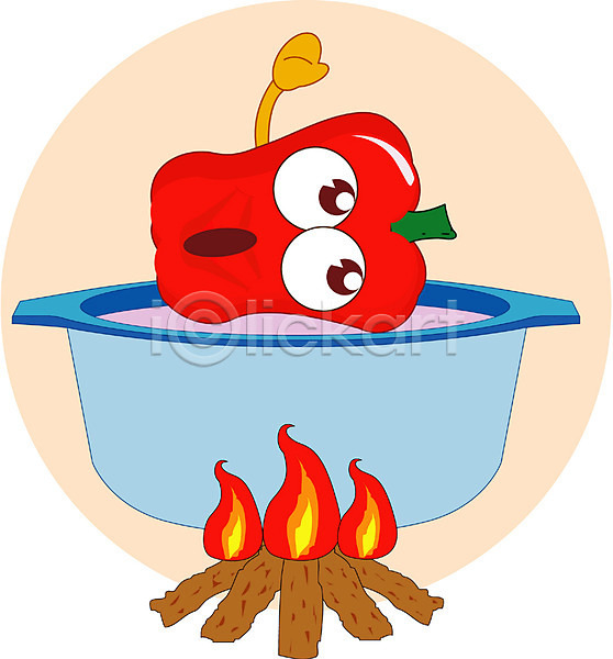 사람없음 EPS 일러스트 냄비 모닥불 불 붉은피망 식물 식재료 음식캐릭터 채소 채소캐릭터 캐릭터 클립아트 파프리카 피망