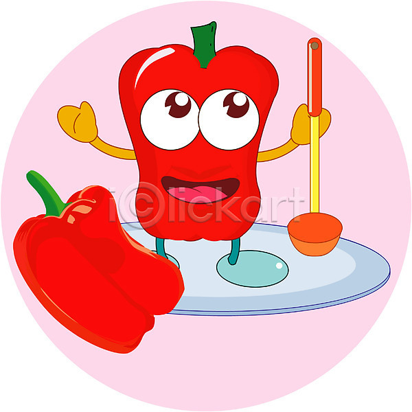 사람없음 EPS 일러스트 국자 그릇 미소(표정) 붉은피망 생활용품 식물 식재료 웃음 음식캐릭터 접시 주방용품 채소 채소캐릭터 캐릭터 클립아트 파프리카 피망