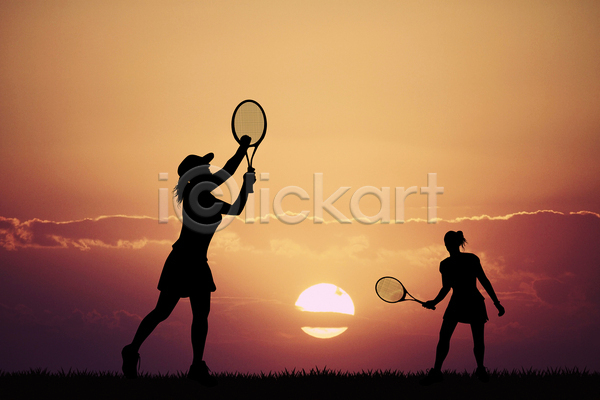 두명 성인 성인여자만 여자 JPG 실루엣 포토 해외이미지 스포츠 야외 테니스 테니스라켓 해외202004