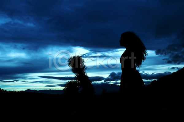 신비 여자 한명 JPG 실루엣 포토 해외이미지 구름(자연) 사막 선인장 어둠 저녁 풍경(경치) 하늘 해외202004
