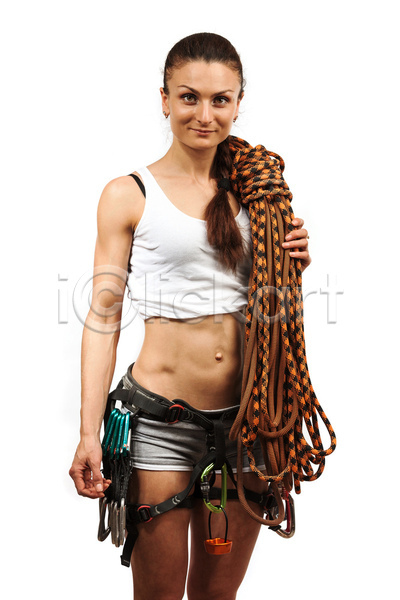 성인 성인여자한명만 여자 한명 JPG 앞모습 포토 해외이미지 등반장비 매기 미소(표정) 밧줄 상반신 실내 암벽등반 암벽등반가 응시 해외202004 흰배경